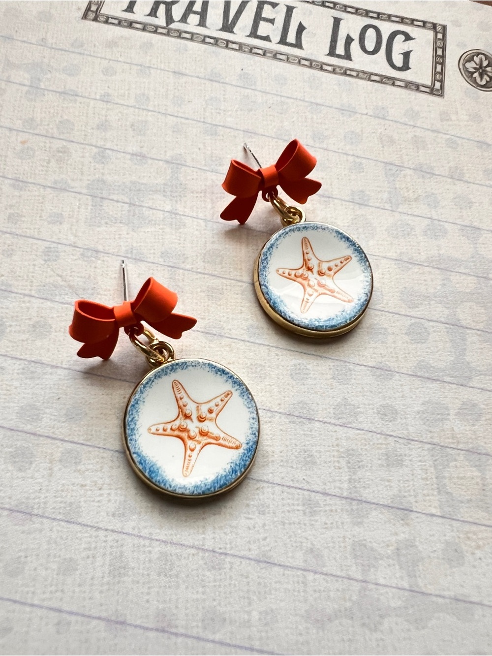 Orange Bow Starfish Drop Earrings Blue Accent Enameled Charms Coastal Grandma